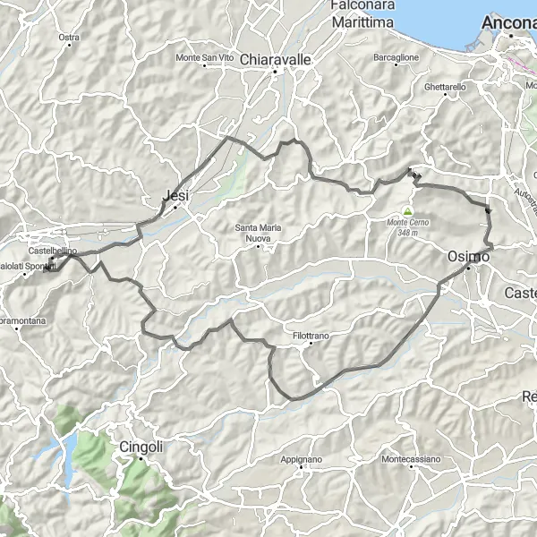 Miniatura della mappa di ispirazione al ciclismo "Tour Panoramico su Strada" nella regione di Marche, Italy. Generata da Tarmacs.app, pianificatore di rotte ciclistiche