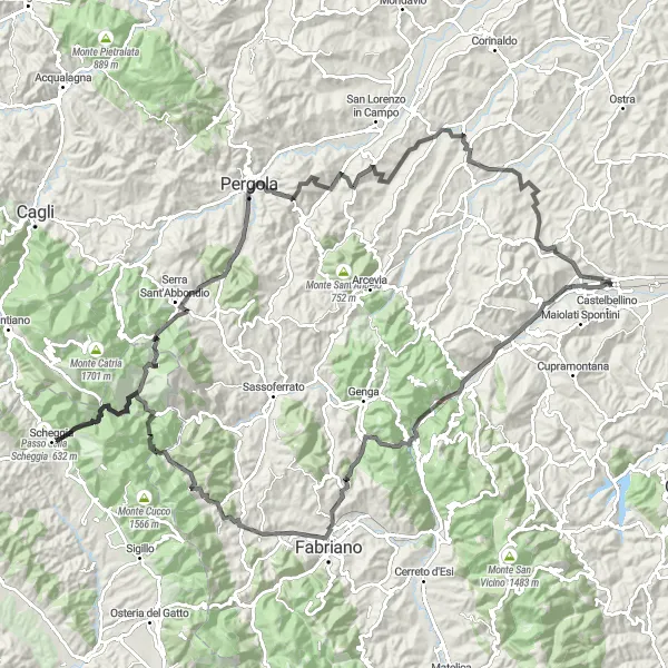 Miniatura della mappa di ispirazione al ciclismo "Avventura in Bici tra Monti e Fiumi" nella regione di Marche, Italy. Generata da Tarmacs.app, pianificatore di rotte ciclistiche