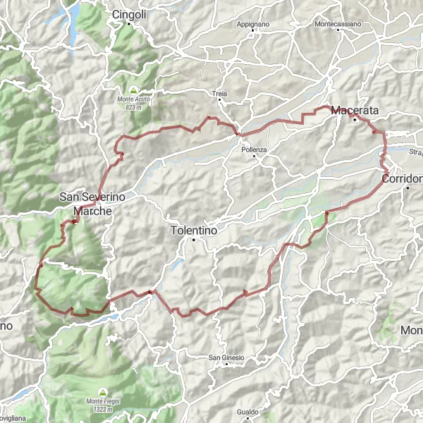 Miniatuurkaart van de fietsinspiratie "Gravel fietsroute rond Piediripa - Rocca di Urbisaglia" in Marche, Italy. Gemaakt door de Tarmacs.app fietsrouteplanner