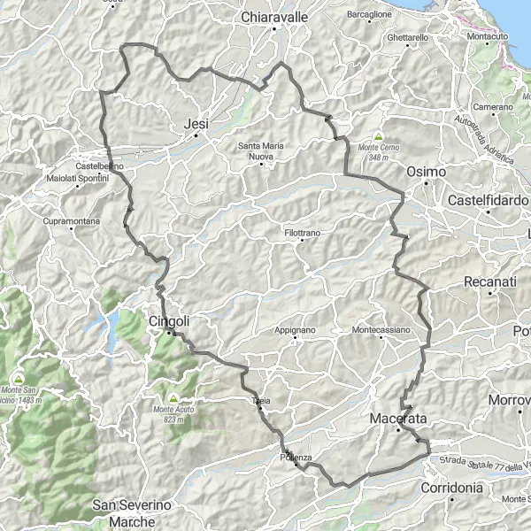Miniature de la carte de l'inspiration cycliste "Les collines majestueuses de Marche" dans la Marche, Italy. Générée par le planificateur d'itinéraire cycliste Tarmacs.app