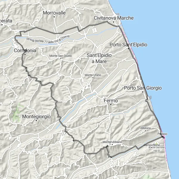 Map miniature of "The Palmense Coastline" cycling inspiration in Marche, Italy. Generated by Tarmacs.app cycling route planner