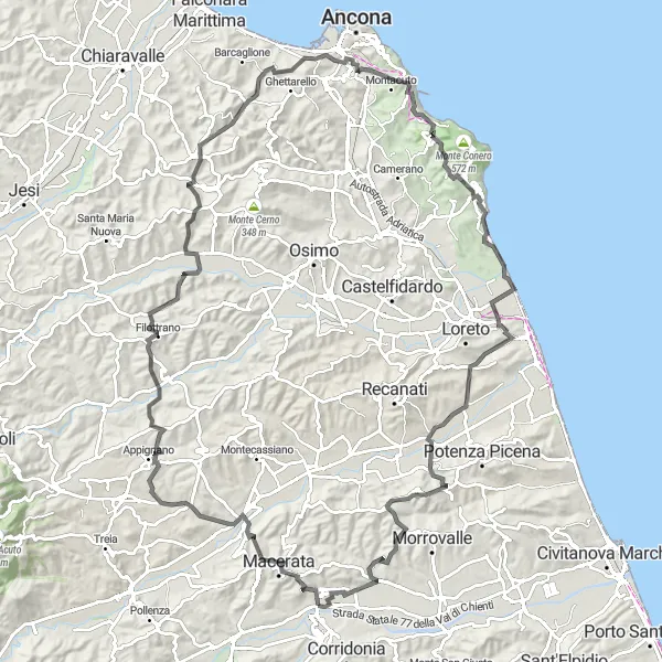 Miniatura della mappa di ispirazione al ciclismo "Tra Colline e Montagne Marchigiane" nella regione di Marche, Italy. Generata da Tarmacs.app, pianificatore di rotte ciclistiche