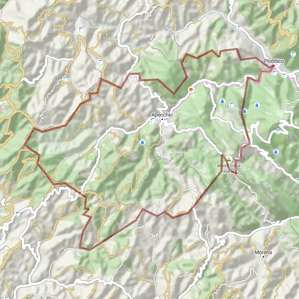 Map miniature of "Mountainous Gravel Adventure: Monte Cucco and Poggio della Rava" cycling inspiration in Marche, Italy. Generated by Tarmacs.app cycling route planner