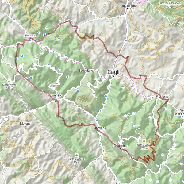 Map miniature of "Mountainous Gravel Adventure: Fonte Avellana and Vista Valle Piobbico" cycling inspiration in Marche, Italy. Generated by Tarmacs.app cycling route planner