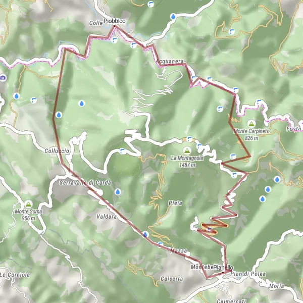 Miniatura della mappa di ispirazione al ciclismo "Giro Gravel Monte Serrone" nella regione di Marche, Italy. Generata da Tarmacs.app, pianificatore di rotte ciclistiche