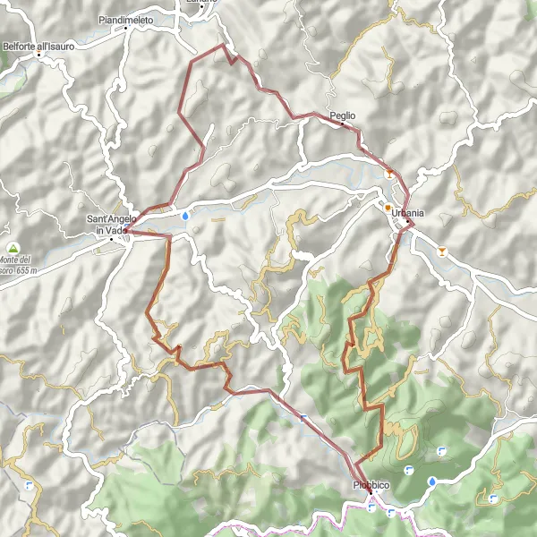 Map miniature of "Sant'Angelo in Vado and Urbania Gravel Route" cycling inspiration in Marche, Italy. Generated by Tarmacs.app cycling route planner