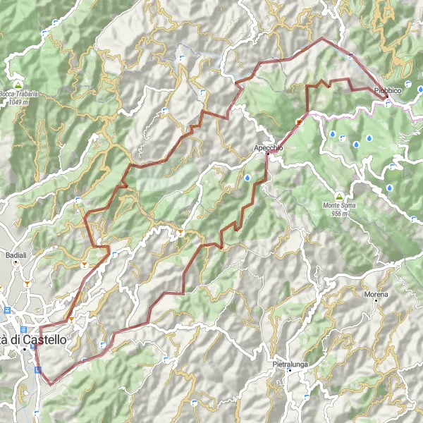 Map miniature of "Mountainous Gravel Adventure: From Piobbico to Terme di Fontecchio" cycling inspiration in Marche, Italy. Generated by Tarmacs.app cycling route planner