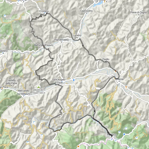 Map miniature of "Piobbico and the Majestic Hills" cycling inspiration in Marche, Italy. Generated by Tarmacs.app cycling route planner