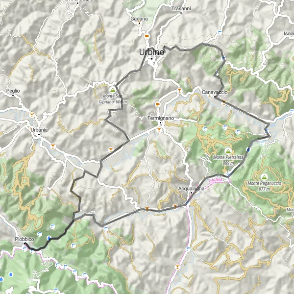 Miniature de la carte de l'inspiration cycliste "Montagnes et panoramas autour de Piobbico" dans la Marche, Italy. Générée par le planificateur d'itinéraire cycliste Tarmacs.app