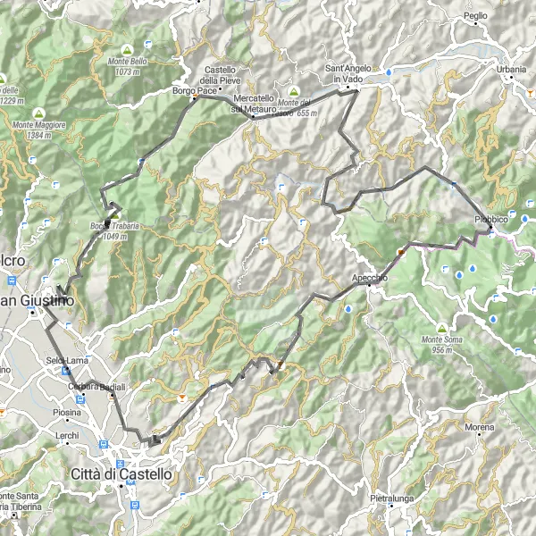 Miniatura della mappa di ispirazione al ciclismo "Itinerario delle Terme e Monti" nella regione di Marche, Italy. Generata da Tarmacs.app, pianificatore di rotte ciclistiche