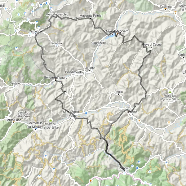 Miniature de la carte de l'inspiration cycliste "Les collines de Piobbico" dans la Marche, Italy. Générée par le planificateur d'itinéraire cycliste Tarmacs.app