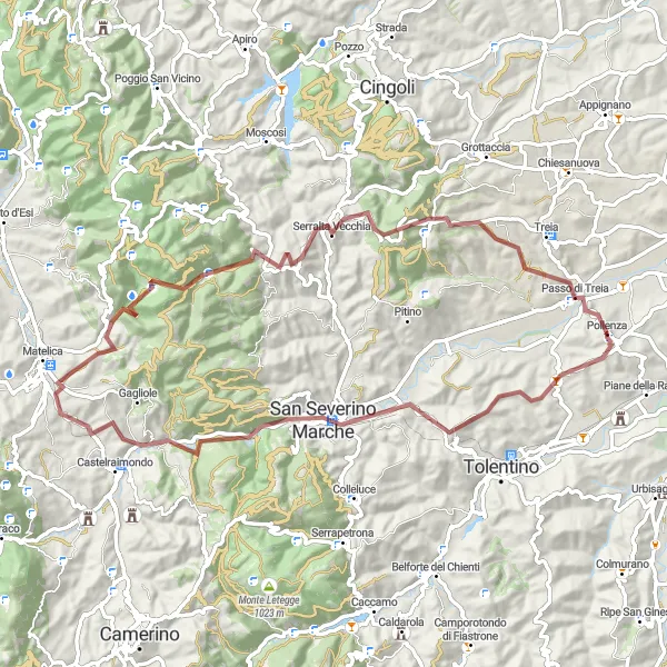 Map miniature of "Gravel Adventure through Monti Sibillini" cycling inspiration in Marche, Italy. Generated by Tarmacs.app cycling route planner
