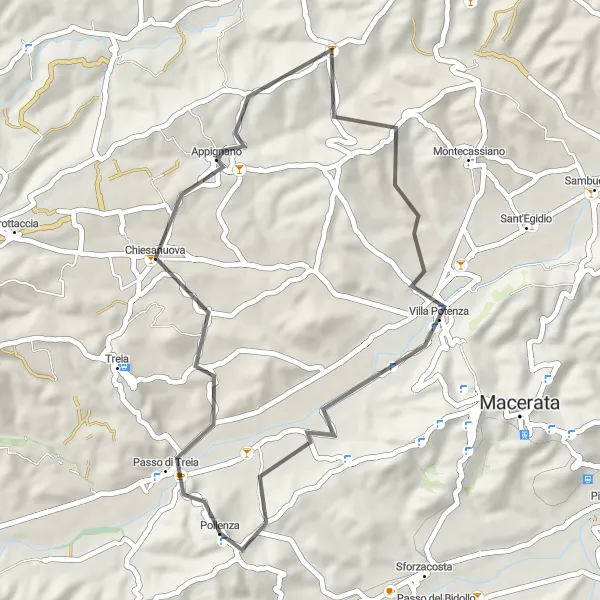 Miniatura della mappa di ispirazione al ciclismo "Giro in bicicletta Pollenza - Villa Potenza" nella regione di Marche, Italy. Generata da Tarmacs.app, pianificatore di rotte ciclistiche