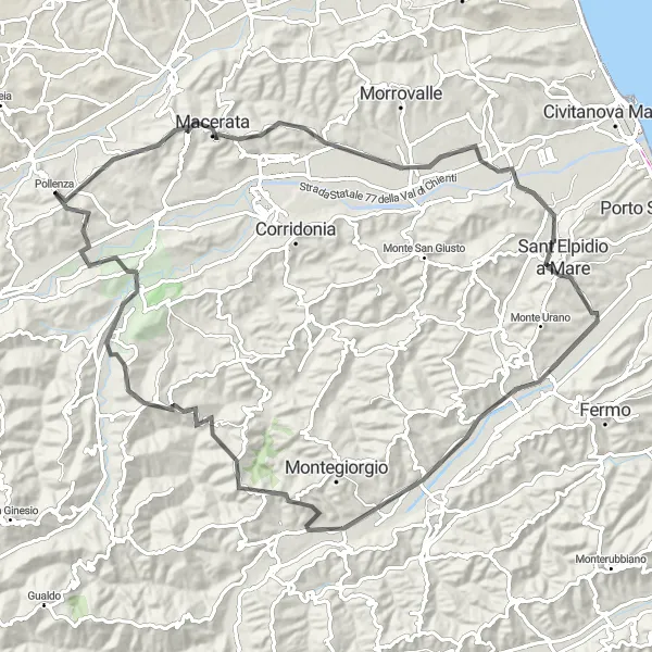 Karten-Miniaturansicht der Radinspiration "Herausfordernde Rundfahrt von Pollenza nach Montecalvo" in Marche, Italy. Erstellt vom Tarmacs.app-Routenplaner für Radtouren