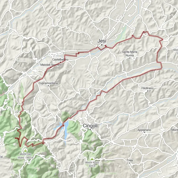 Miniatura della mappa di ispirazione al ciclismo "Gravel e Montagne Marchigiane" nella regione di Marche, Italy. Generata da Tarmacs.app, pianificatore di rotte ciclistiche