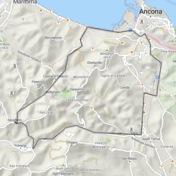 Map miniature of "Polverigi Loop" cycling inspiration in Marche, Italy. Generated by Tarmacs.app cycling route planner