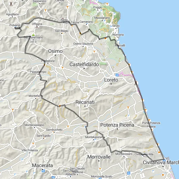 Map miniature of "Camerano to Monte Cerno Loop" cycling inspiration in Marche, Italy. Generated by Tarmacs.app cycling route planner