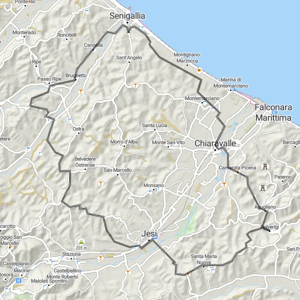 Miniature de la carte de l'inspiration cycliste "Tour des Collines de Jesi" dans la Marche, Italy. Générée par le planificateur d'itinéraire cycliste Tarmacs.app