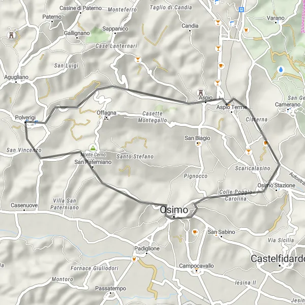 Miniatura della mappa di ispirazione al ciclismo "Tour dei Colli Anconetani" nella regione di Marche, Italy. Generata da Tarmacs.app, pianificatore di rotte ciclistiche