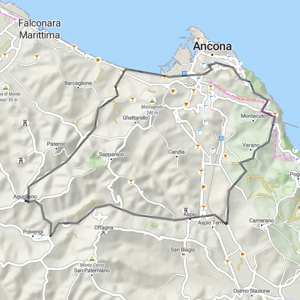 Karten-Miniaturansicht der Radinspiration "Panoramaausflug nach Monte Scrima und Aspio" in Marche, Italy. Erstellt vom Tarmacs.app-Routenplaner für Radtouren