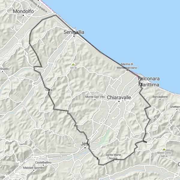 Miniatura della mappa di ispirazione al ciclismo "Tour di 95 km tra Polverigi e Agugliano" nella regione di Marche, Italy. Generata da Tarmacs.app, pianificatore di rotte ciclistiche