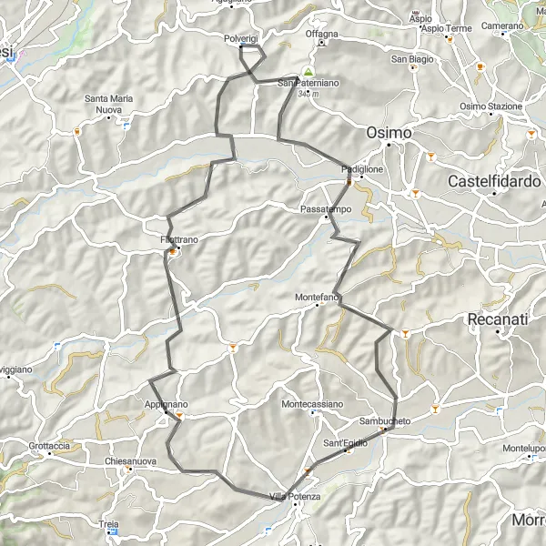 Miniatura della mappa di ispirazione al ciclismo "Monti Sibillini Challenge" nella regione di Marche, Italy. Generata da Tarmacs.app, pianificatore di rotte ciclistiche