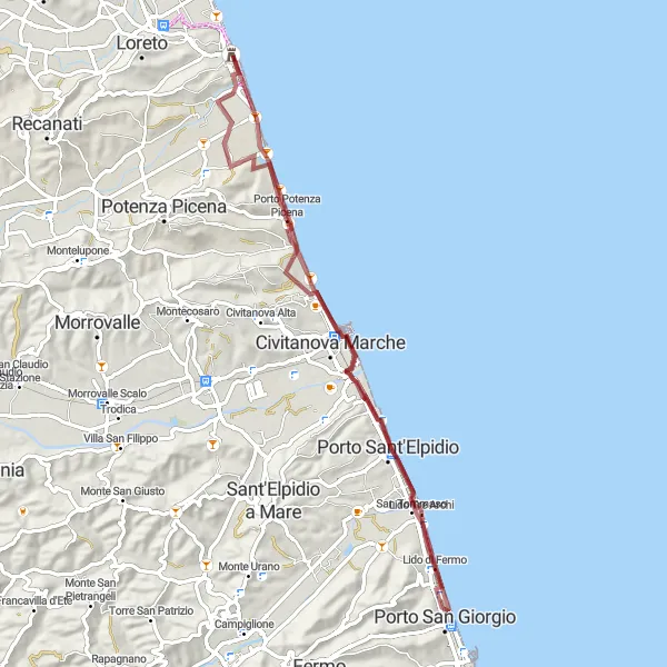 Map miniature of "Porto San Giorgio to Porto Recanati Gravel Route" cycling inspiration in Marche, Italy. Generated by Tarmacs.app cycling route planner