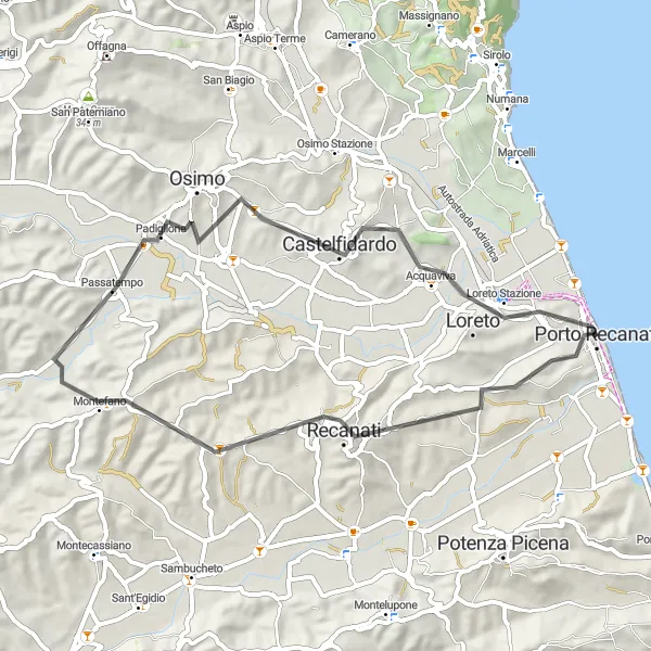 Map miniature of "Porto Recanati to Loreto Circular Route" cycling inspiration in Marche, Italy. Generated by Tarmacs.app cycling route planner