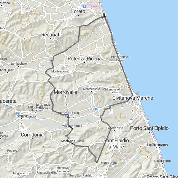 Map miniature of "The Countryside Escape" cycling inspiration in Marche, Italy. Generated by Tarmacs.app cycling route planner