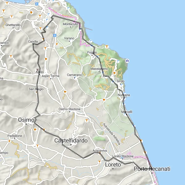 Miniatura della mappa di ispirazione al ciclismo "Giro in bicicletta da Porto Recanati a Numana" nella regione di Marche, Italy. Generata da Tarmacs.app, pianificatore di rotte ciclistiche