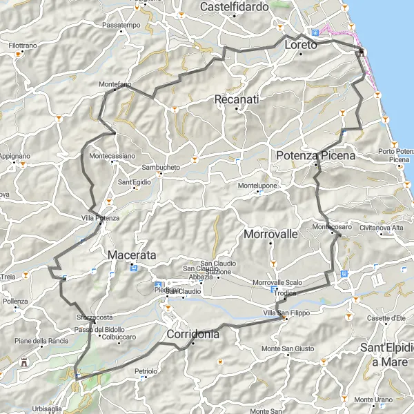 Miniatura della mappa di ispirazione al ciclismo "Giro in bicicletta da Porto Recanati a Porto Recanati" nella regione di Marche, Italy. Generata da Tarmacs.app, pianificatore di rotte ciclistiche