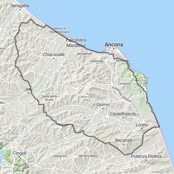 Map miniature of "The Coastal Expedition" cycling inspiration in Marche, Italy. Generated by Tarmacs.app cycling route planner