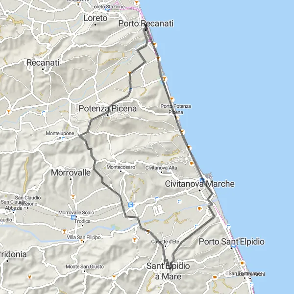 Map miniature of "The Coast and Hilly Adventure" cycling inspiration in Marche, Italy. Generated by Tarmacs.app cycling route planner