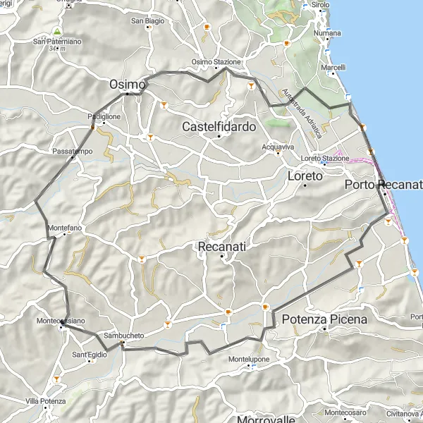 Map miniature of "Porto Recanati to Montecassiano Circular Route" cycling inspiration in Marche, Italy. Generated by Tarmacs.app cycling route planner