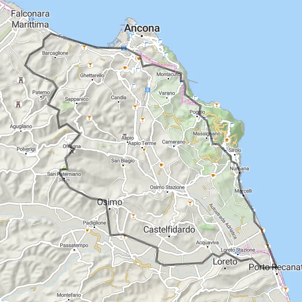 Map miniature of "Loreto to Sirolo Circular Route" cycling inspiration in Marche, Italy. Generated by Tarmacs.app cycling route planner