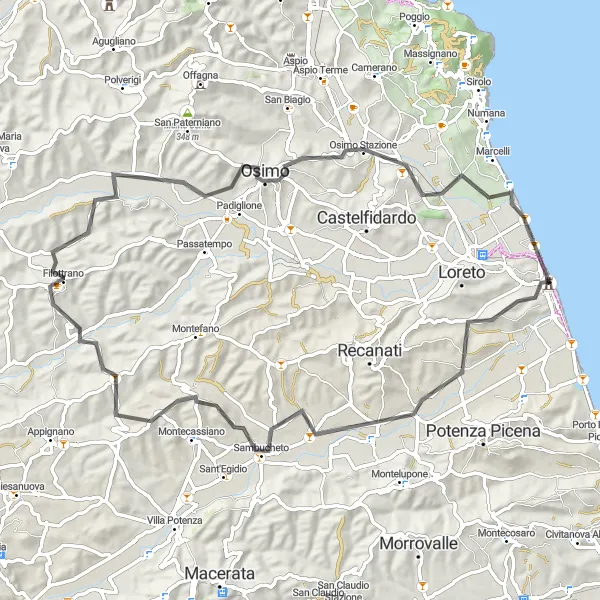 Miniatura della mappa di ispirazione al ciclismo "Itinerario ciclabile da Porto Recanati a Scossicci" nella regione di Marche, Italy. Generata da Tarmacs.app, pianificatore di rotte ciclistiche