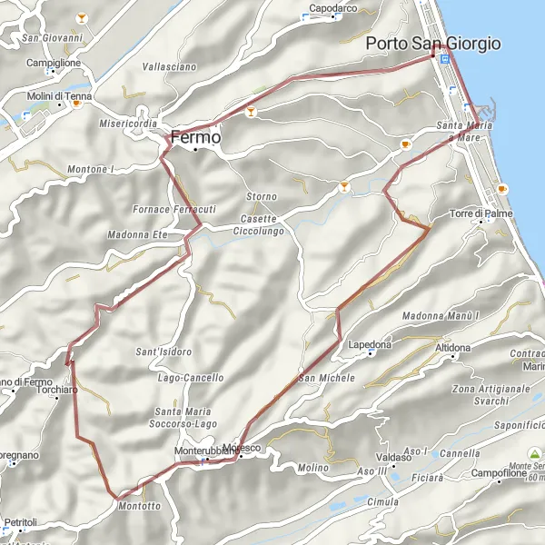 Miniatura della mappa di ispirazione al ciclismo "Giro Gravel delle Rocche" nella regione di Marche, Italy. Generata da Tarmacs.app, pianificatore di rotte ciclistiche