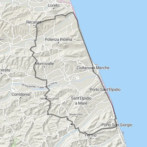 Miniatura della mappa di ispirazione al ciclismo "Giro in bicicletta da Porto San Giorgio attraverso Fermo e Porto Recanati" nella regione di Marche, Italy. Generata da Tarmacs.app, pianificatore di rotte ciclistiche