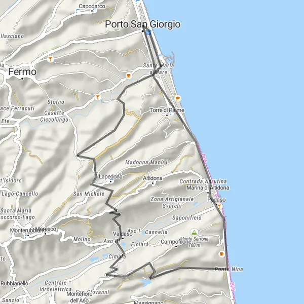 Map miniature of "Tour Through Aso's Valley" cycling inspiration in Marche, Italy. Generated by Tarmacs.app cycling route planner