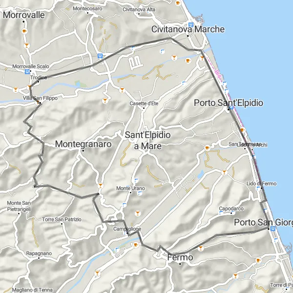 Miniatura della mappa di ispirazione al ciclismo "Giro dei Borghi Marittimi" nella regione di Marche, Italy. Generata da Tarmacs.app, pianificatore di rotte ciclistiche