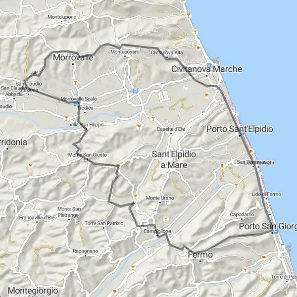 Miniatura della mappa di ispirazione al ciclismo "Avventura in bicicletta tra Fermo e Porto Sant'Elpidio" nella regione di Marche, Italy. Generata da Tarmacs.app, pianificatore di rotte ciclistiche
