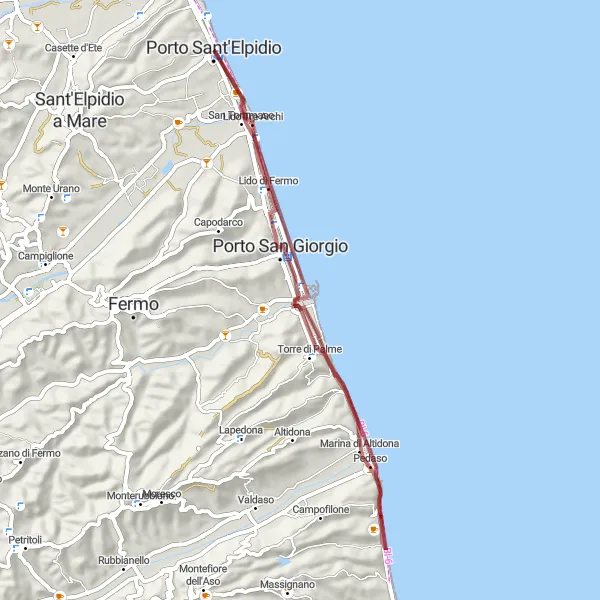 Miniatura della mappa di ispirazione al ciclismo "Tour delle Spiagge della Riviera Adriatica" nella regione di Marche, Italy. Generata da Tarmacs.app, pianificatore di rotte ciclistiche