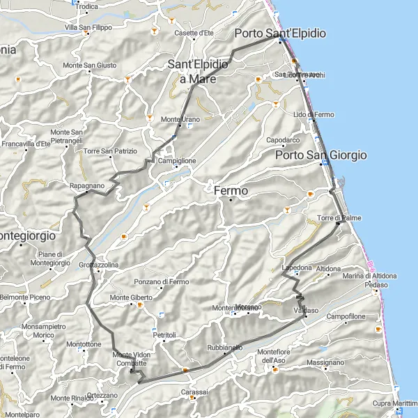 Miniatura della mappa di ispirazione al ciclismo "Tour panoramico delle colline marchigiane" nella regione di Marche, Italy. Generata da Tarmacs.app, pianificatore di rotte ciclistiche