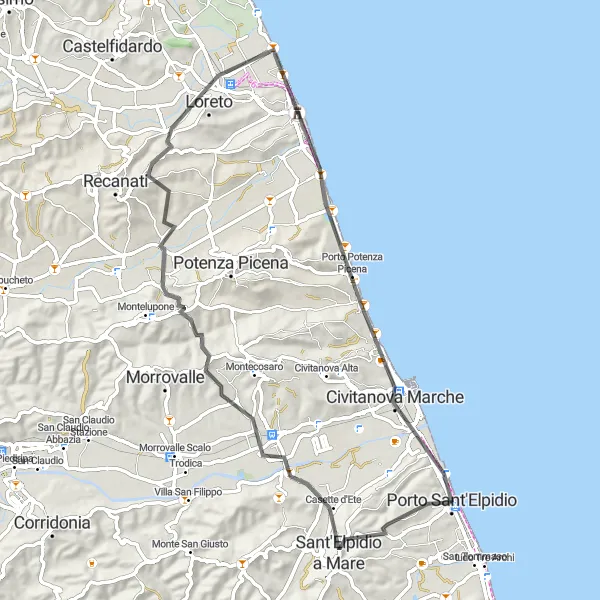 Miniatura della mappa di ispirazione al ciclismo "Giro in bicicletta delle colline marchigiane" nella regione di Marche, Italy. Generata da Tarmacs.app, pianificatore di rotte ciclistiche