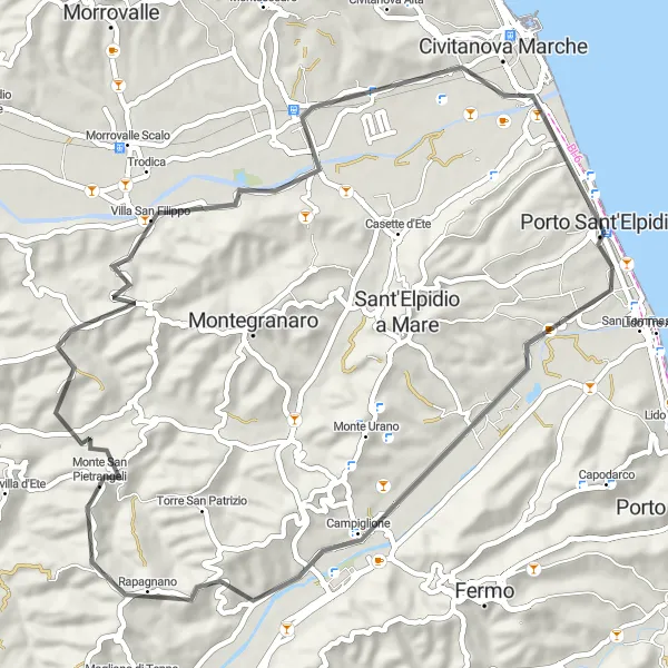 Miniatura della mappa di ispirazione al ciclismo "Tour dei Borghi Costieri" nella regione di Marche, Italy. Generata da Tarmacs.app, pianificatore di rotte ciclistiche
