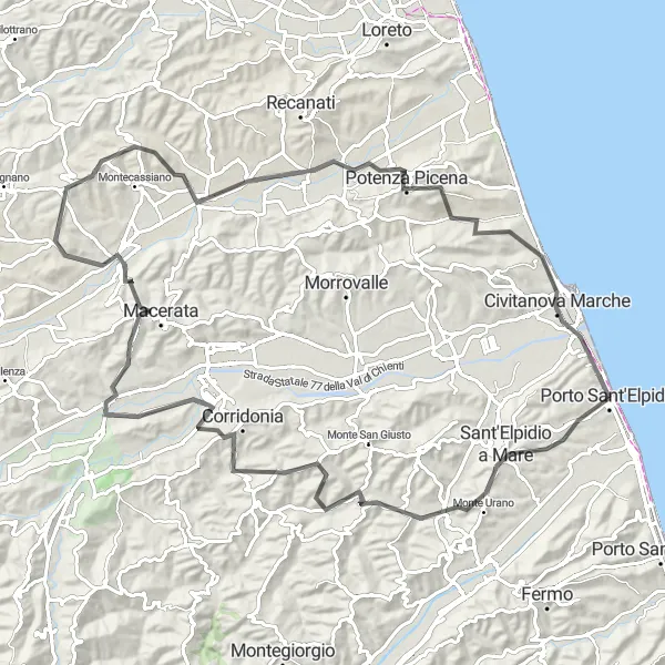 Miniatura della mappa di ispirazione al ciclismo "Panorami delle Marche" nella regione di Marche, Italy. Generata da Tarmacs.app, pianificatore di rotte ciclistiche