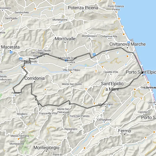 Map miniature of "Sant'Elpidio a Mare and Corridonia Road Route" cycling inspiration in Marche, Italy. Generated by Tarmacs.app cycling route planner