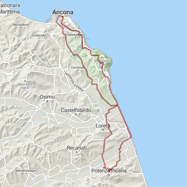 Miniature de la carte de l'inspiration cycliste "Tour des Monts Sibillini et Conero" dans la Marche, Italy. Générée par le planificateur d'itinéraire cycliste Tarmacs.app