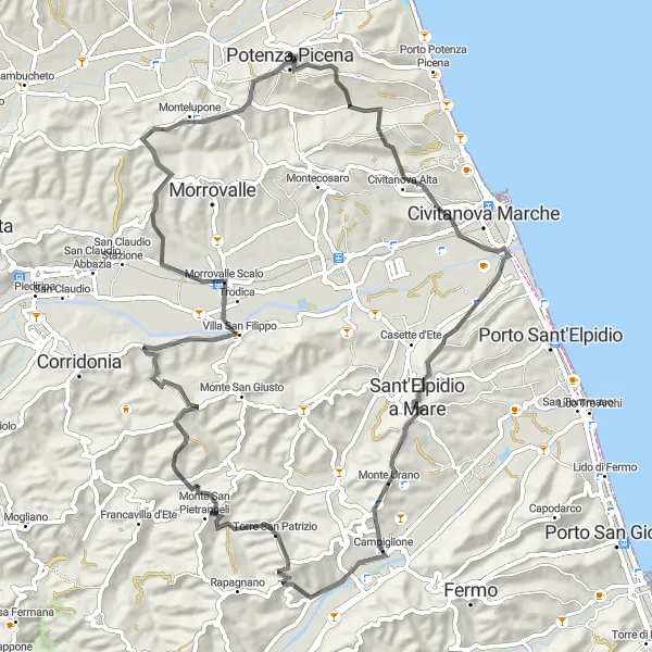 Miniatura della mappa di ispirazione al ciclismo "Avventura ciclistica tra i tesori delle Marche" nella regione di Marche, Italy. Generata da Tarmacs.app, pianificatore di rotte ciclistiche