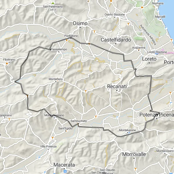 Miniatura della mappa di ispirazione al ciclismo "Alla scoperta di Potenza Picena e dintorni in bicicletta" nella regione di Marche, Italy. Generata da Tarmacs.app, pianificatore di rotte ciclistiche